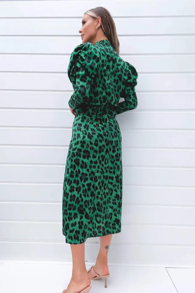 AX Paris Green And Black Animal Print Puff Long Sleeve Midi Dress Women Dresses