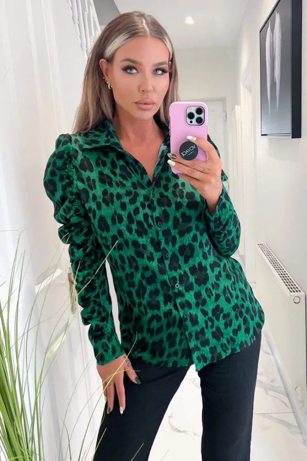 AX Paris Green And Black Animal Print Ruched Sleeve Shirt Women Tops