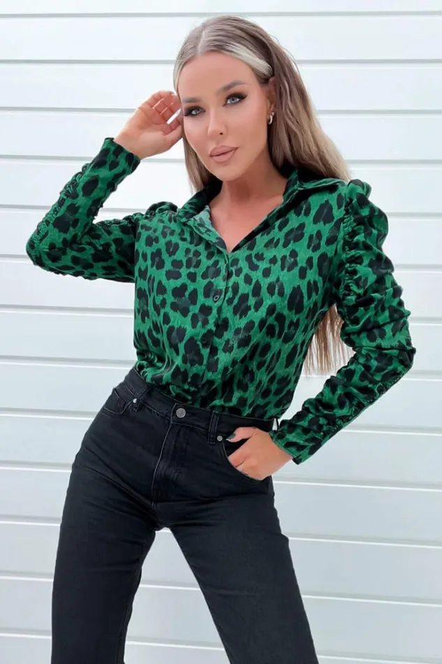 AX Paris Green And Black Animal Print Ruched Sleeve Shirt Women Tops