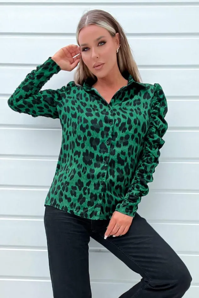 AX Paris Green And Black Animal Print Ruched Sleeve Shirt Women Tops