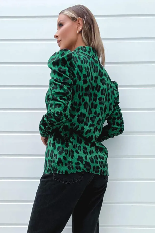 AX Paris Green And Black Animal Print Ruched Sleeve Shirt Women Tops