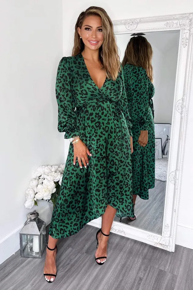 AX Paris Green And Black Animal Printed Wrap Over Midi Dress Women Dresses