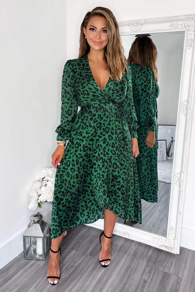 AX Paris Green And Black Animal Printed Wrap Over Midi Dress Women Dresses