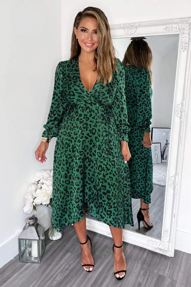 AX Paris Green And Black Animal Printed Wrap Over Midi Dress Women Dresses