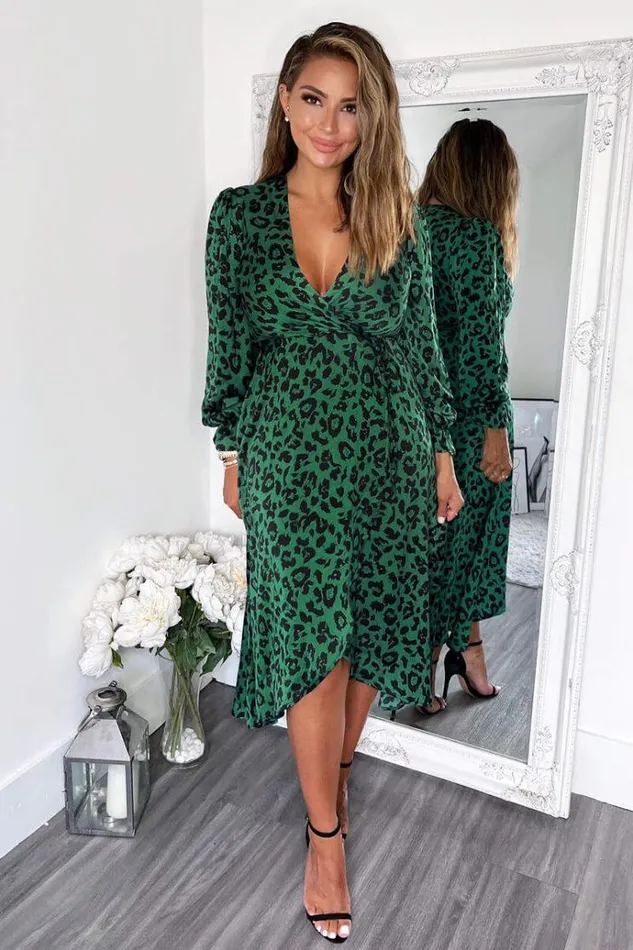 AX Paris Green And Black Animal Printed Wrap Over Midi Dress Women Dresses