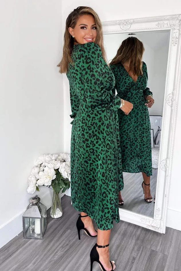 AX Paris Green And Black Animal Printed Wrap Over Midi Dress Women Dresses