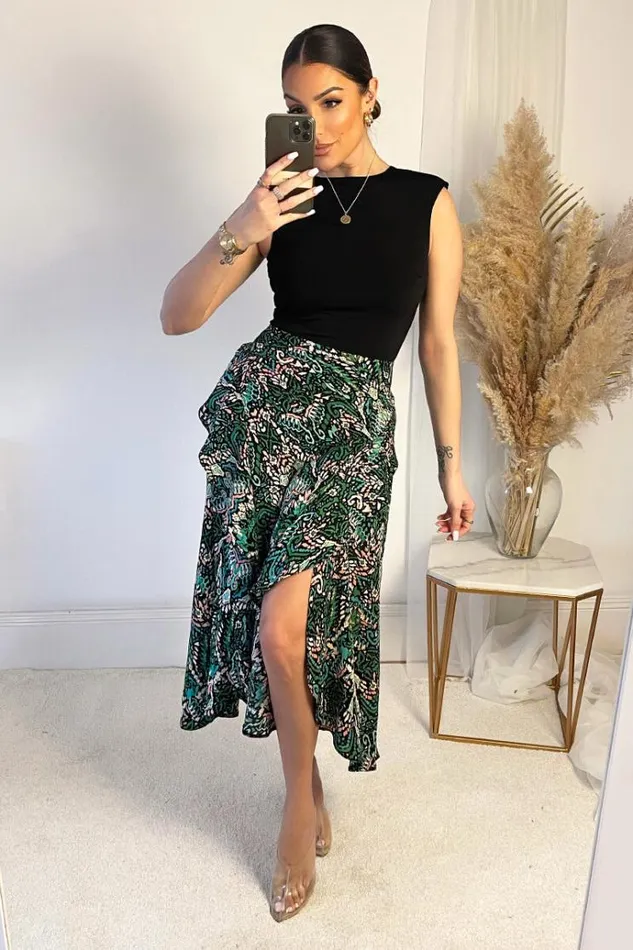 AX Paris Green And Black Printed 2 In 1 Midi Dress Women Dresses