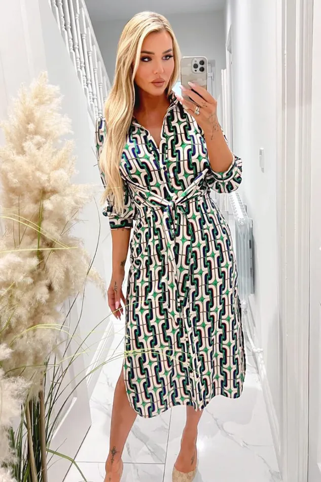 AX Paris Green And Blue Geometric Multi Printed 34 Cuffed Sleeve Wrap Tie Midi Dress Women Dresses AX Paris Green And Blue Geometric Multi Printed 34 Cuffed Sleeve Wrap Tie Midi Dress Women Dresses