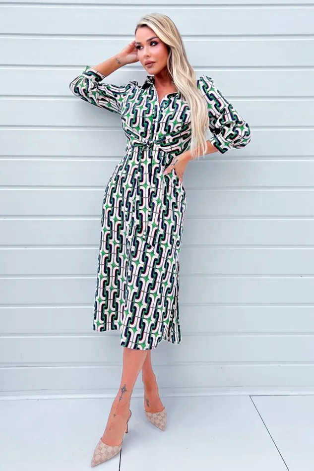 AX Paris Green And Blue Geometric Multi Printed 34 Cuffed Sleeve Wrap Tie Midi Dress Women Dresses