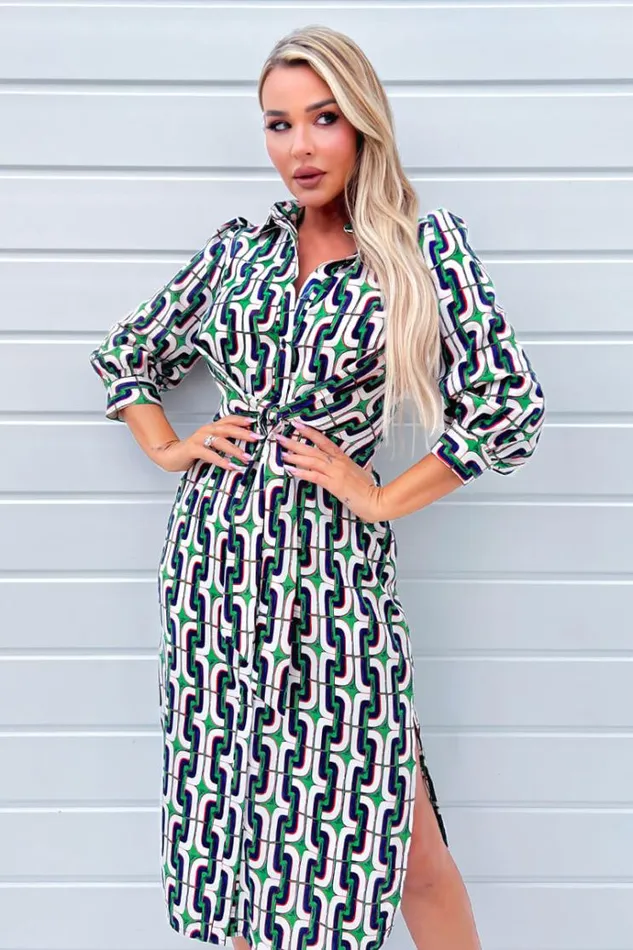 AX Paris Green And Blue Geometric Multi Printed 34 Cuffed Sleeve Wrap Tie Midi Dress Women Dresses