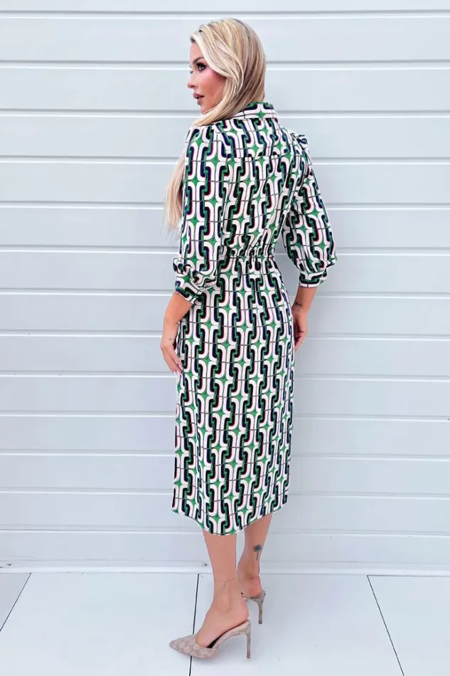 AX Paris Green And Blue Geometric Multi Printed 34 Cuffed Sleeve Wrap Tie Midi Dress Women Dresses