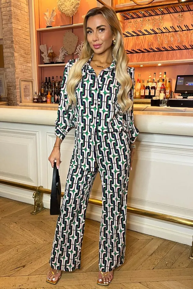 AX Paris Green And Blue Geometric Multi Printed Trousers Women Coords