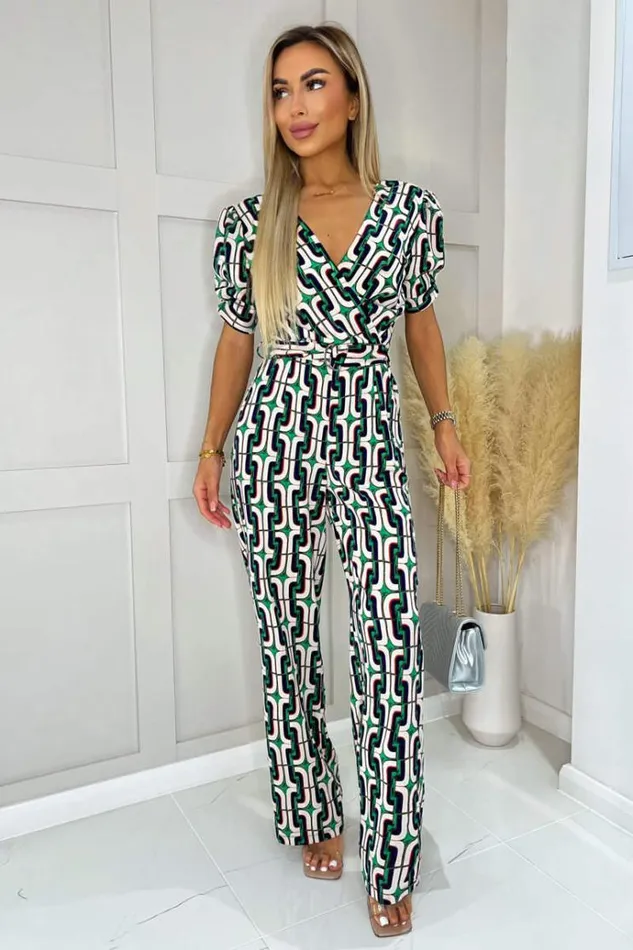 AX Paris Green And Blue Geometric Multi Printed Wrap Top Belted Jumpsuit Women Jumpsuits And Playsuits AX Paris Green And Blue Geometric Multi Printed Wrap Top Belted Jumpsuit Women Jumpsuits And Playsuits