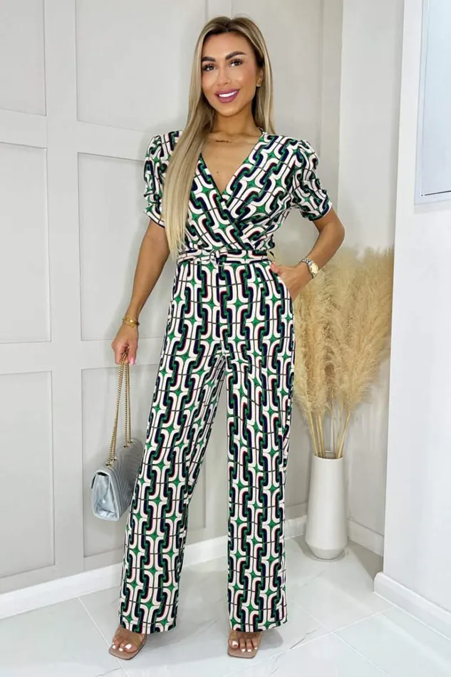 AX Paris Green And Blue Geometric Multi Printed Wrap Top Belted Jumpsuit Women Jumpsuits And Playsuits