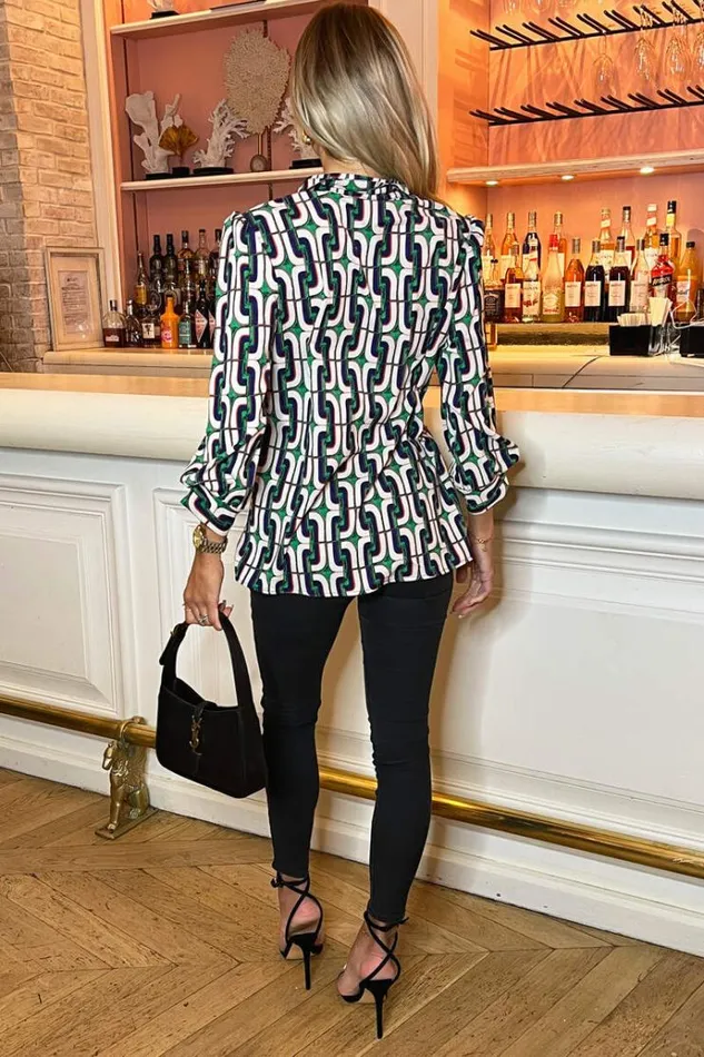 AX Paris Green And Blue Geometric Printed 34 Sleeve Shirt Women Coords