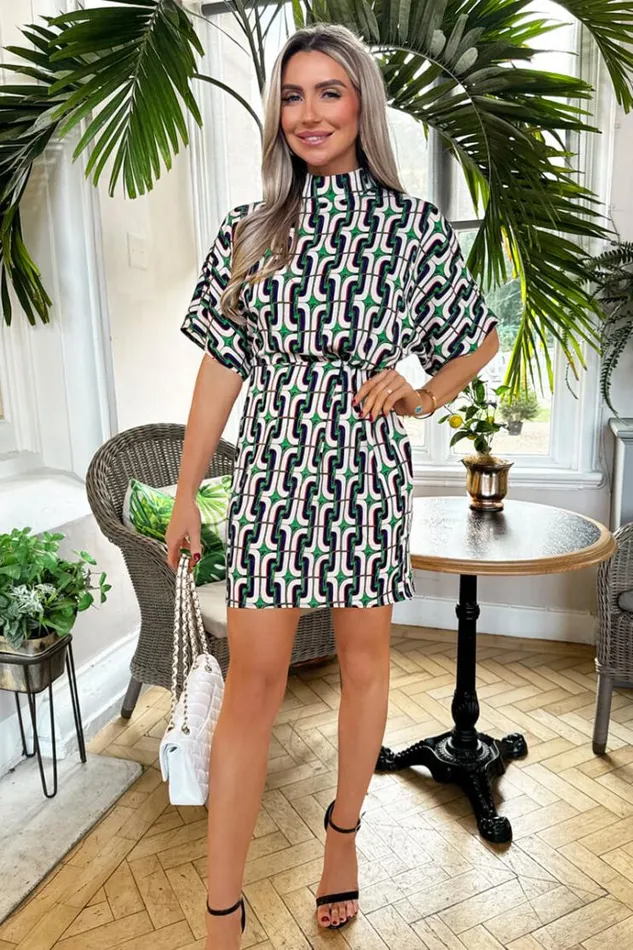 AX Paris Green And Blue Geometric Printed High Neck Mini Dress Women Dresses