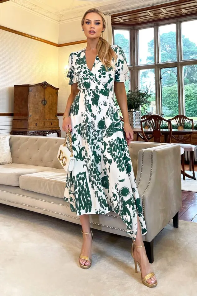 AX Paris Green And Cream Printed Short Sleeve Wrap Over Midi Dress Women Dresses