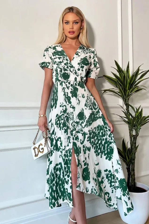 AX Paris Green And Cream Printed Short Sleeve Wrap Over Midi Dress Women Dresses
