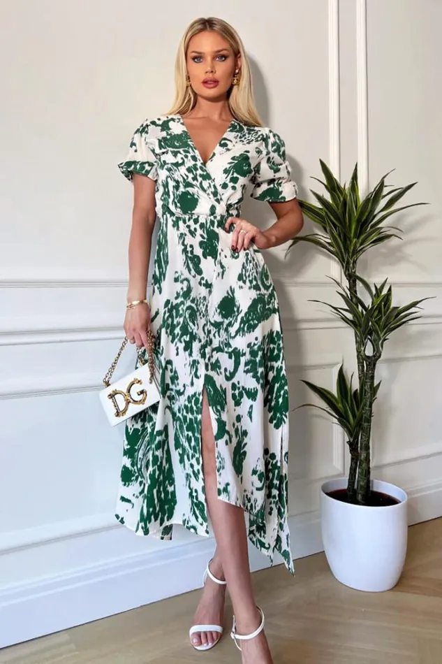 AX Paris Green And Cream Printed Short Sleeve Wrap Over Midi Dress Women Dresses