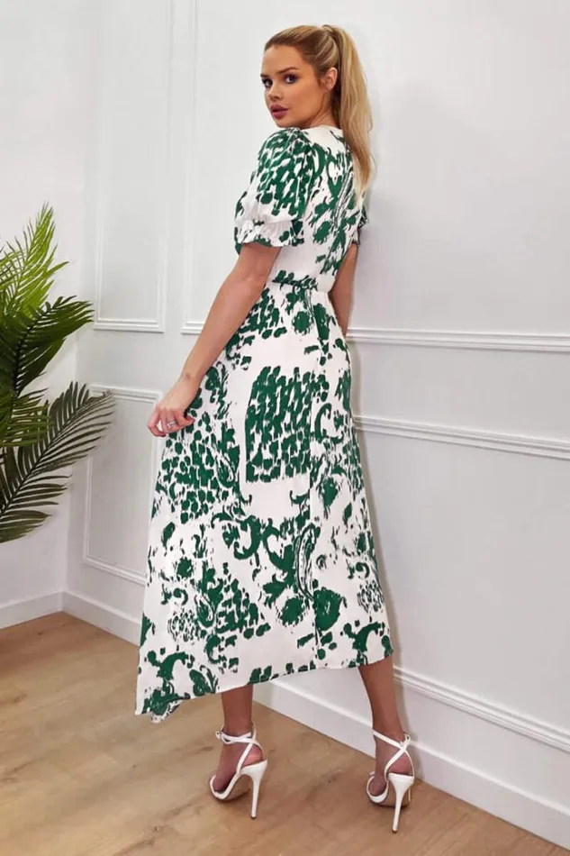 AX Paris Green And Cream Printed Short Sleeve Wrap Over Midi Dress Women Dresses