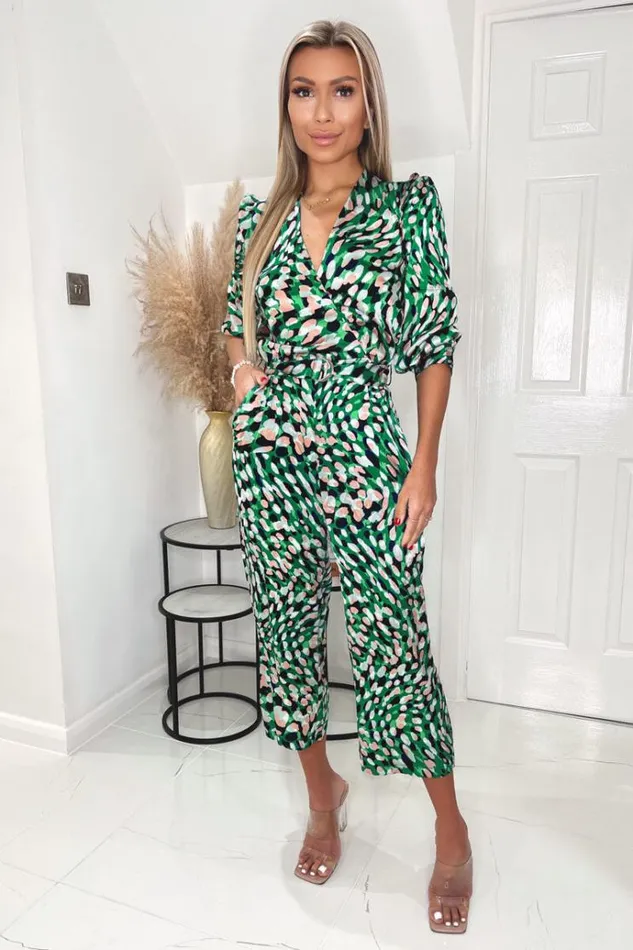 AX Paris Green And Pink Printed V Neck Belted Jumpsuit Women Jumpsuits And Playsuits AX Paris Green And Pink Printed V Neck Belted Jumpsuit Women Jumpsuits And Playsuits