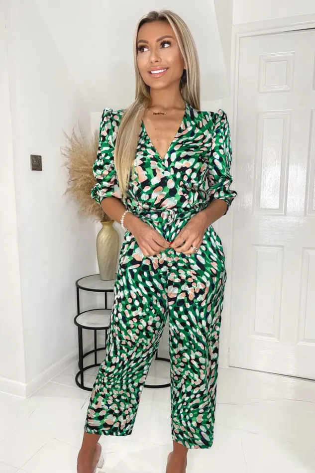 AX Paris Green And Pink Printed V Neck Belted Jumpsuit Women Jumpsuits And Playsuits
