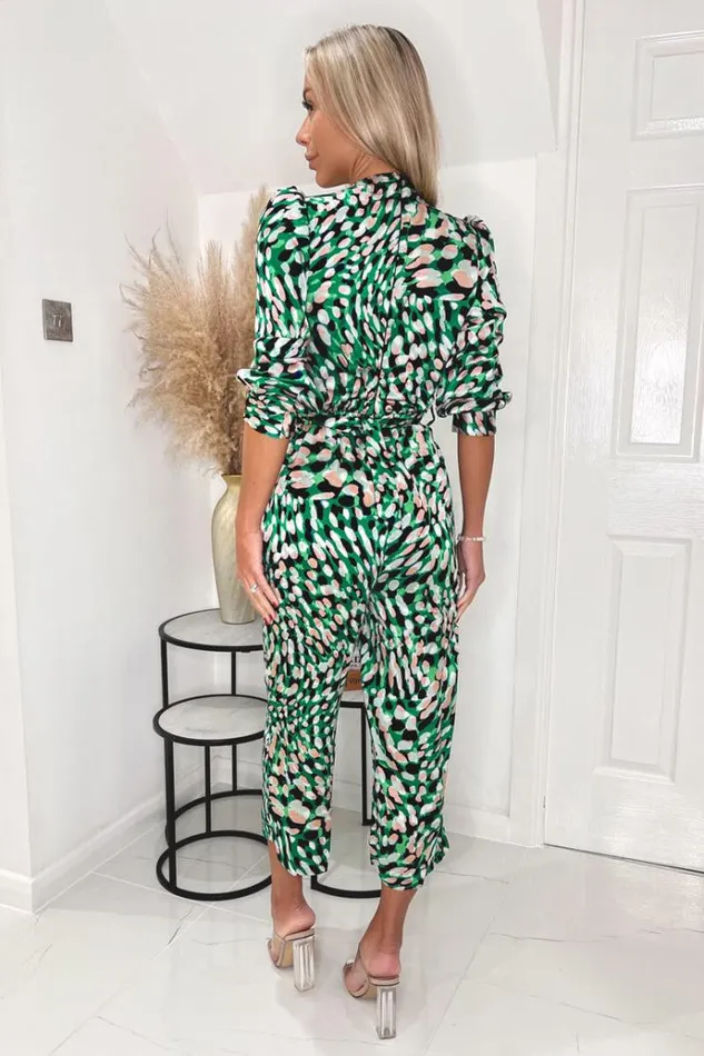 AX Paris Green And Pink Printed V Neck Belted Jumpsuit Women Jumpsuits And Playsuits