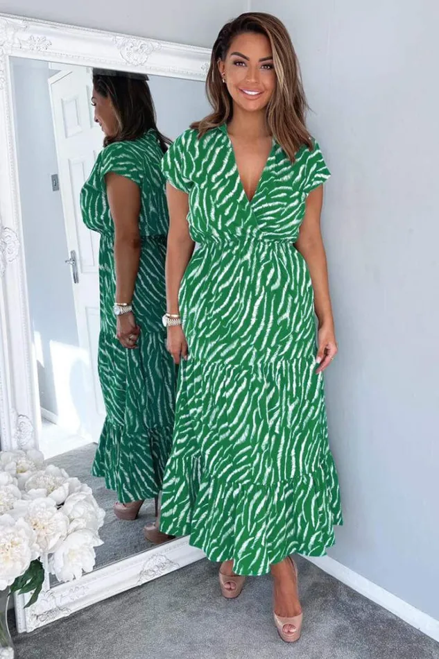 AX Paris Green And White Animal Print Collared Smock Midi Dress Women Dresses