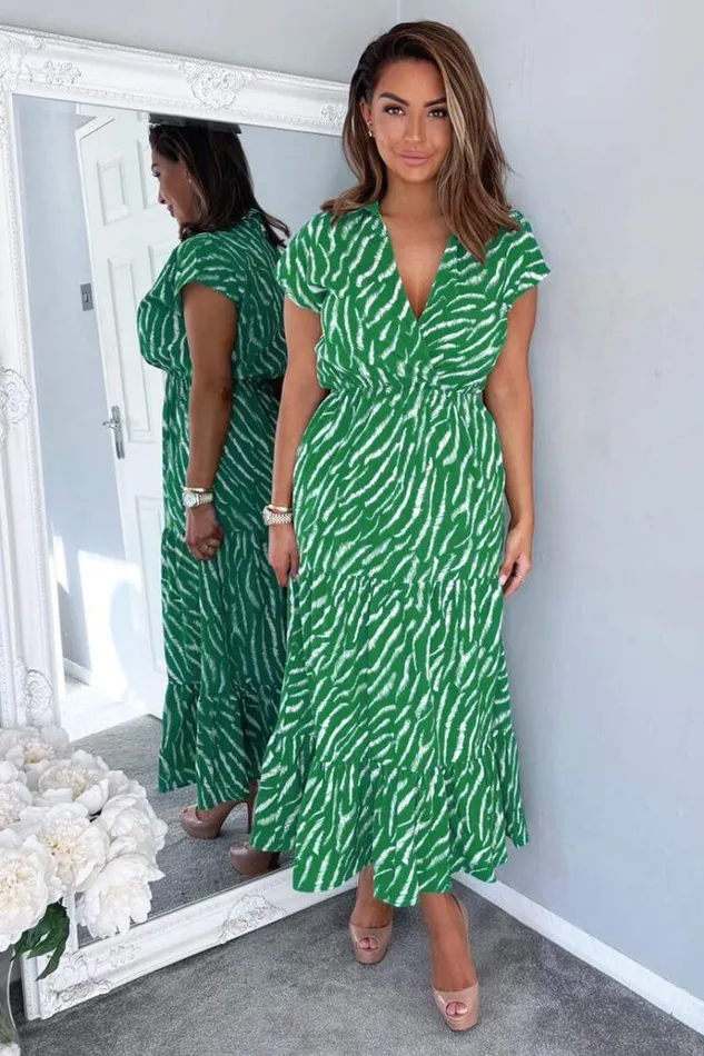 AX Paris Green And White Animal Print Collared Smock Midi Dress Women Dresses