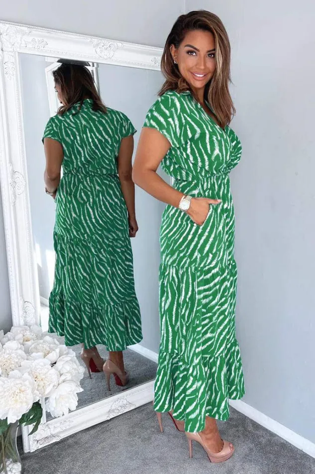 AX Paris Green And White Animal Print Collared Smock Midi Dress Women Dresses