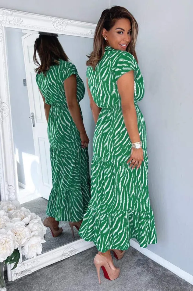 AX Paris Green And White Animal Print Collared Smock Midi Dress Women Dresses