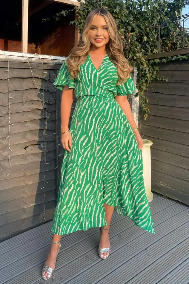AX Paris Green And White Animal Print Double Slit Midi Dress Women Dresses