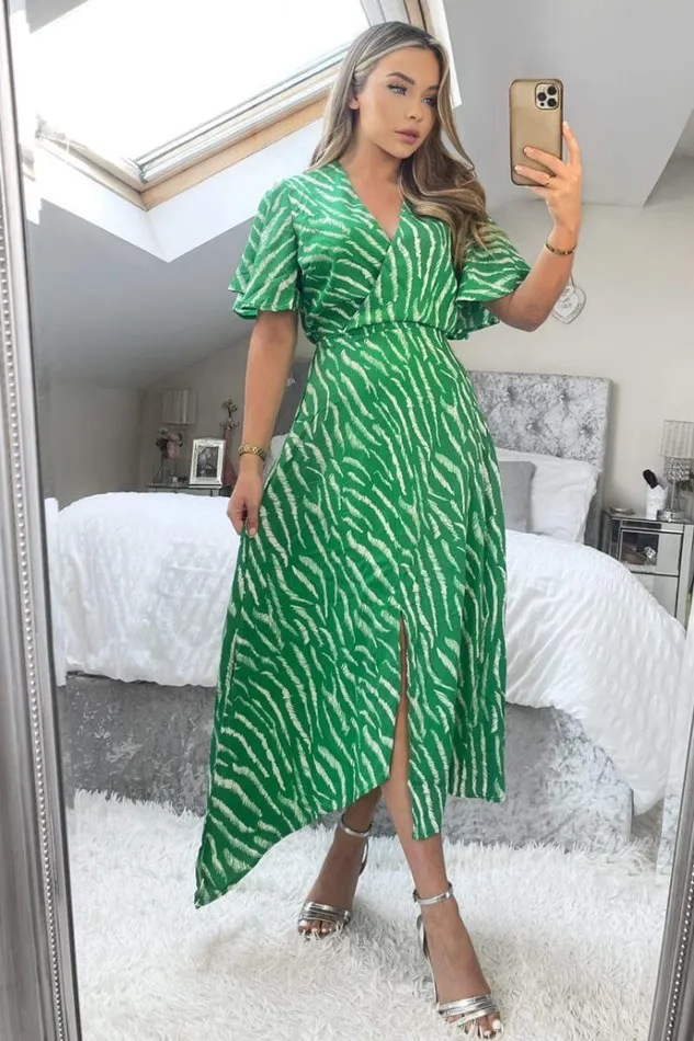 AX Paris Green And White Animal Print Double Slit Midi Dress Women Dresses