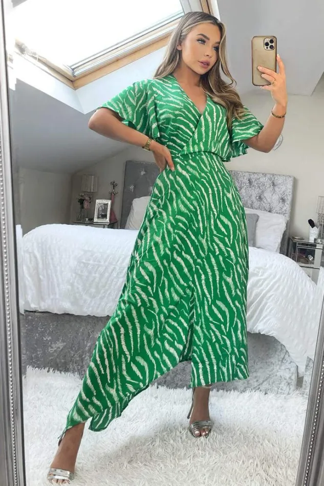 AX Paris Green And White Animal Print Double Slit Midi Dress Women Dresses