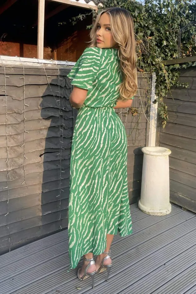 AX Paris Green And White Animal Print Double Slit Midi Dress Women Dresses