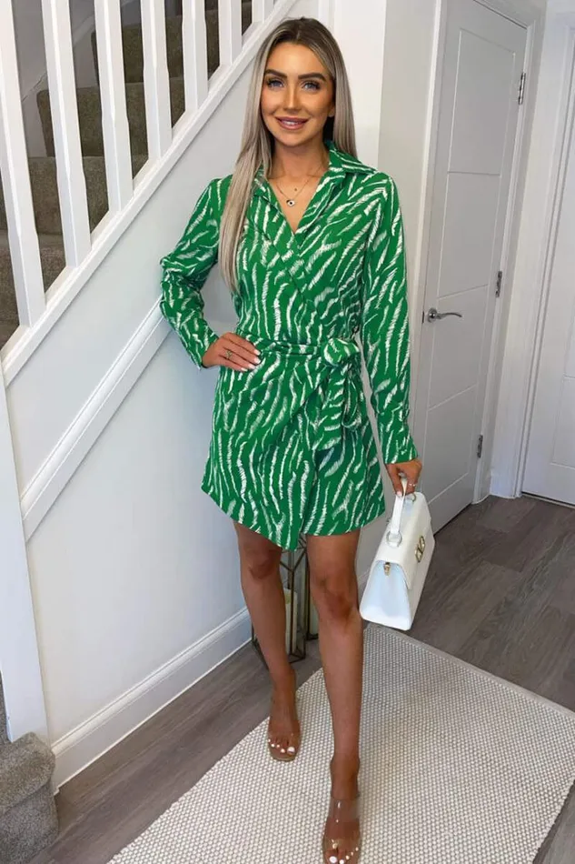 AX Paris Green And White Animal Print Wrap Mini Dress Women Dresses