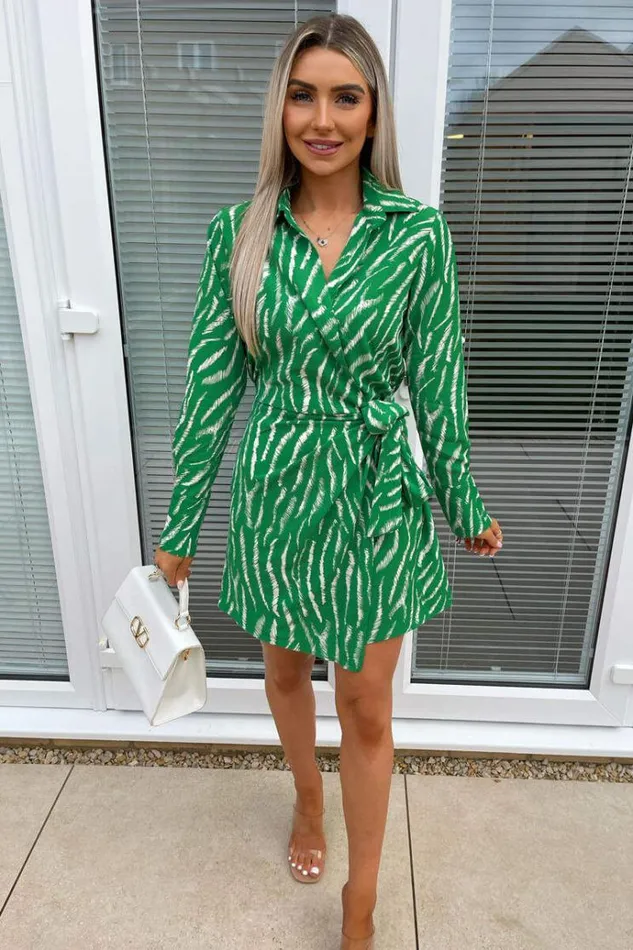 AX Paris Green And White Animal Print Wrap Mini Dress Women Dresses