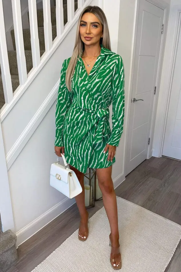 AX Paris Green And White Animal Print Wrap Mini Dress Women Dresses
