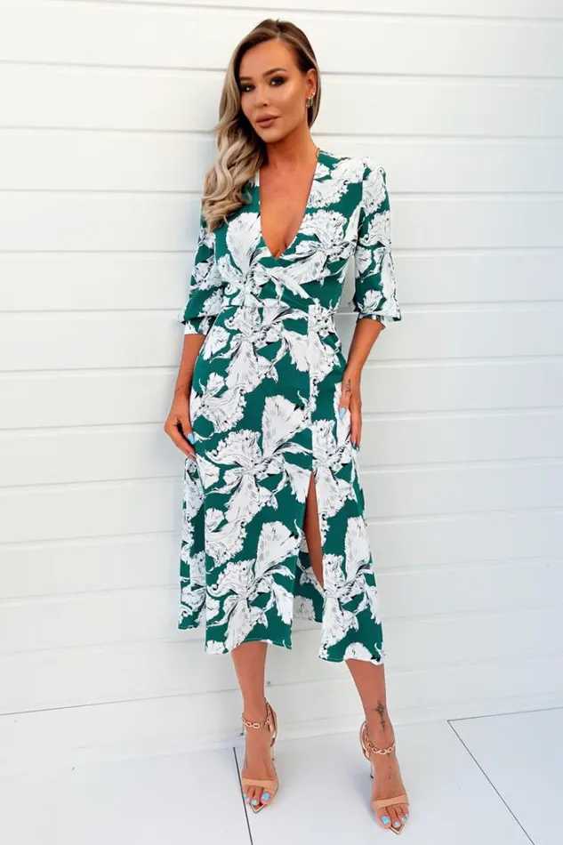 AX Paris Green And White Floral Print Wrap Top Midi Dress Women Dresses