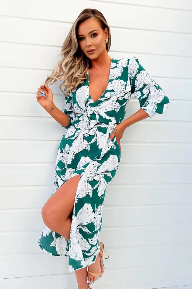AX Paris Green And White Floral Print Wrap Top Midi Dress Women Dresses