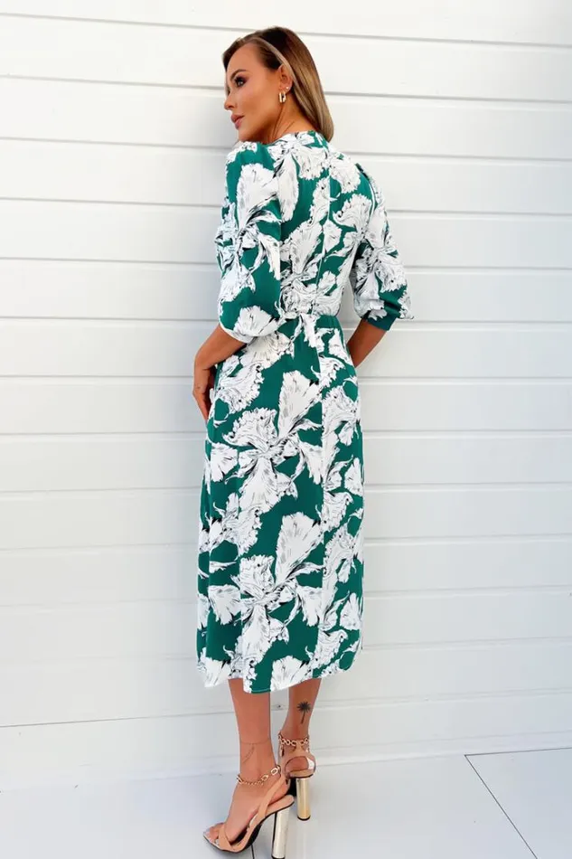 AX Paris Green And White Floral Print Wrap Top Midi Dress Women Dresses