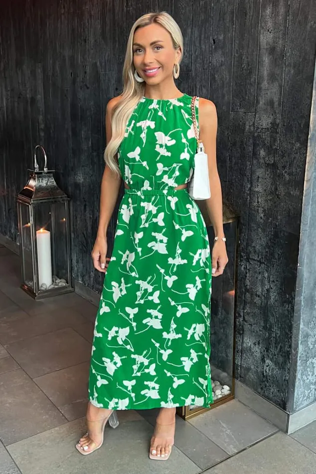AX Paris Green And White Floral Printed Cut Out Midi Dress Women Dresses