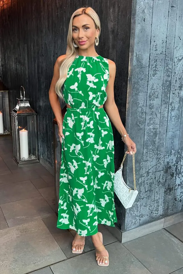 AX Paris Green And White Floral Printed Cut Out Midi Dress Women Dresses