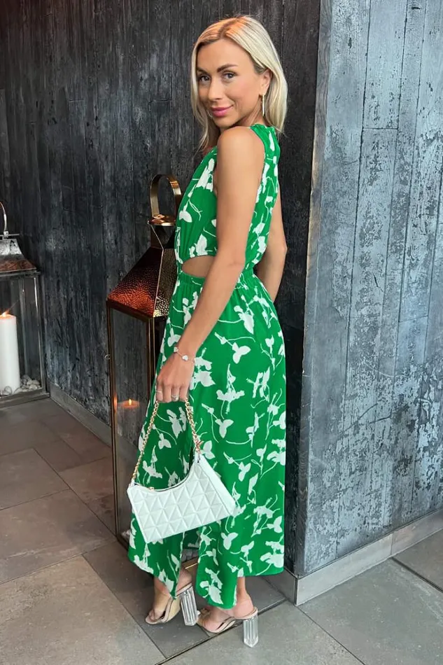 AX Paris Green And White Floral Printed Cut Out Midi Dress Women Dresses