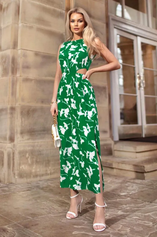 AX Paris Green And White Floral Printed Cut Out Midi Dress Women Dresses