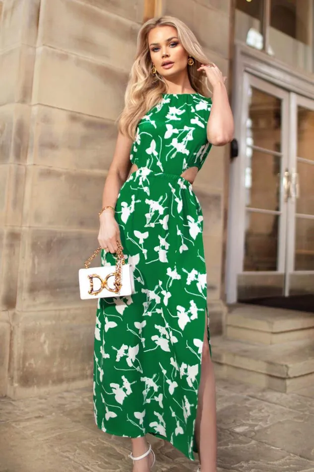 AX Paris Green And White Floral Printed Cut Out Midi Dress Women Dresses