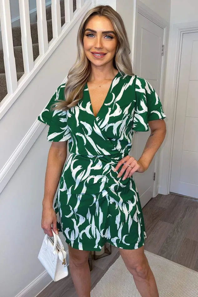 AX Paris Green And White Printed Gathered Mini Dress Women Dresses