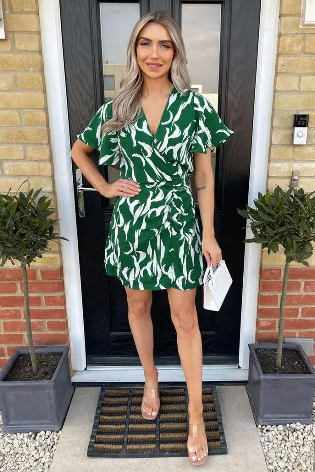 AX Paris Green And White Printed Gathered Mini Dress Women Dresses