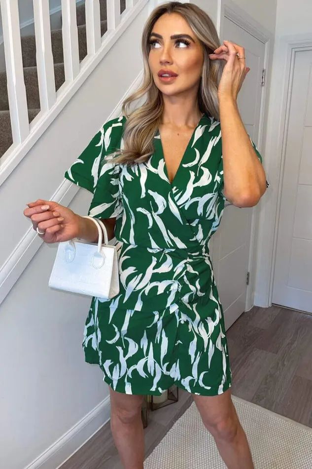AX Paris Green And White Printed Gathered Mini Dress Women Dresses