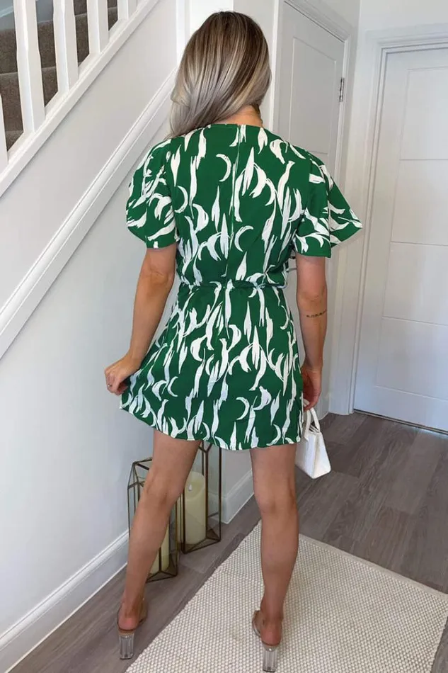 AX Paris Green And White Printed Gathered Mini Dress Women Dresses
